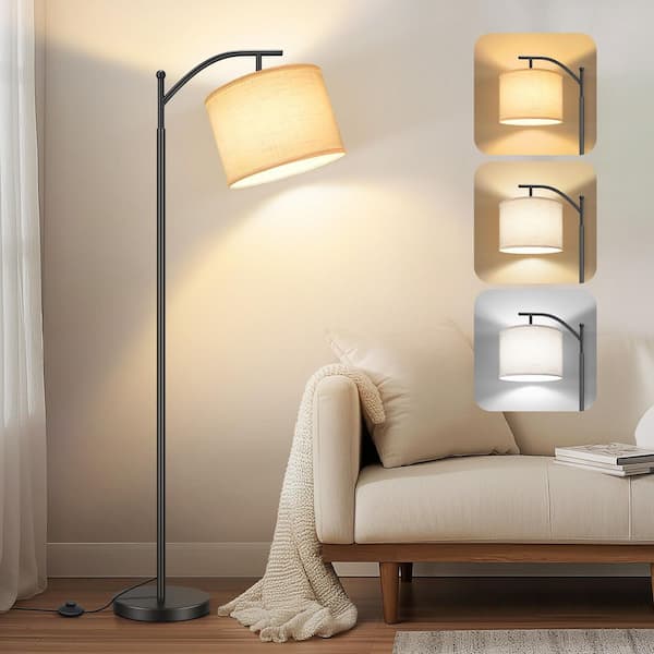 BICIK 63 in. Black 1-Light Arched Floor Lamp for Bedroom with Linen Shade