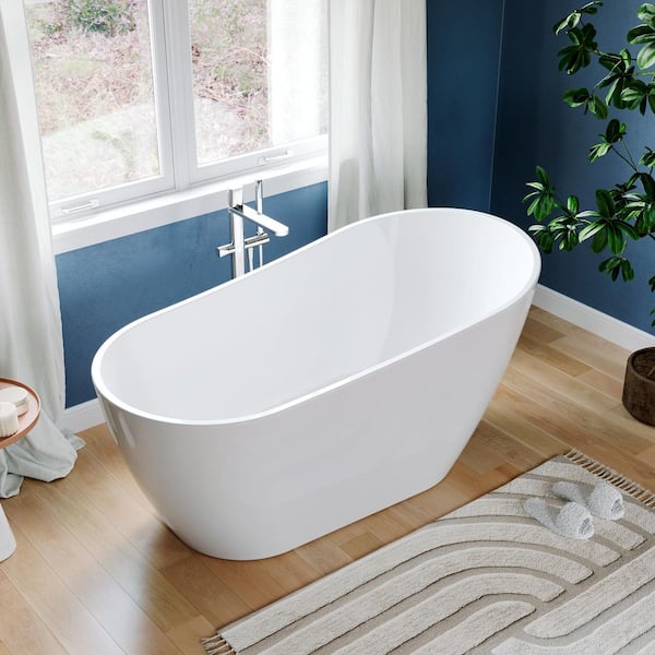 LORDEAR 59 in.x 30 in. Acrylic Freestanding Oval Soaking Bathtub in White with Brushed Nickel Overflow and Drain