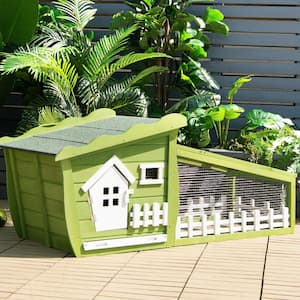 62 in. Wooden Cute Rabbit Hutch Bunny Cage Small Animal House Chicken Coop in Green with Removable Tray