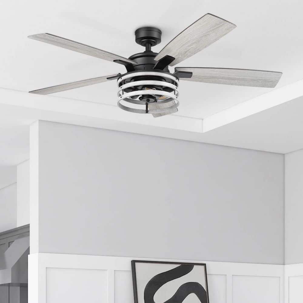 Carnegie 52" Matte Black Industrial Ceiling Fan with LED Lights and Remote