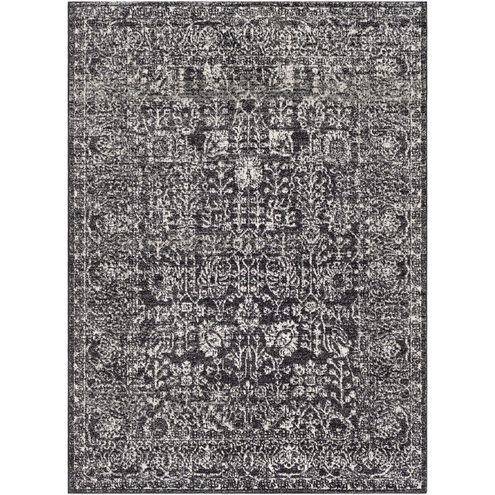 Black and Gray Medium Pile Synthetic Area Rug