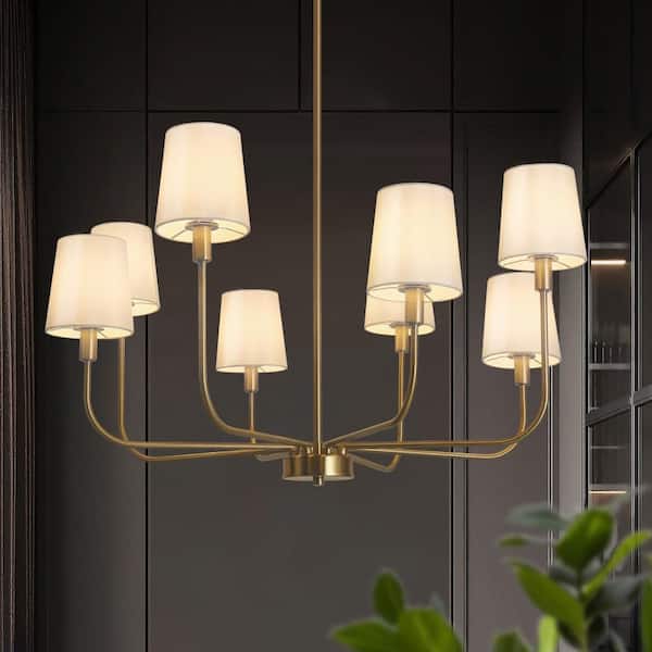31 in. 8-Light Modern Antique Plated Brass Linear Chandelier, Farmhouse Candlestick Chandelier with Cone Fabric Shades