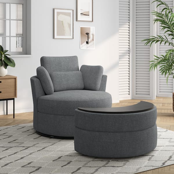 Uixe Gray Chenille Upholstered Swivel Accent Barrel Chair with Storage Ottoman and Pillows (Set of 1)