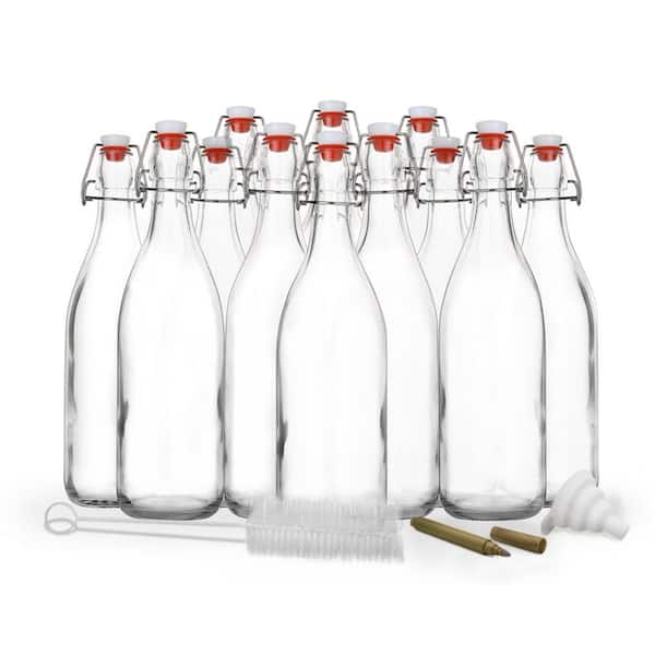 Nevlers 12-Pack 17 oz. Round Glass Bottles with Swing Top Stoppers, Bottle Brush, Funnel, and Gold Glass Marker