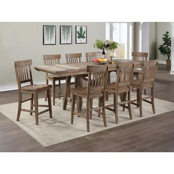 Steve Silver Riverdale Driftwood Brown Wood Counter Height Dining Table Set with 8 Bar Stool/Side Chair 9-Piece
