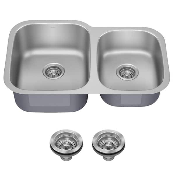 Premier Undermount Stainless Steel 32 in. 60/40 Double Bowl Kitchen Sink