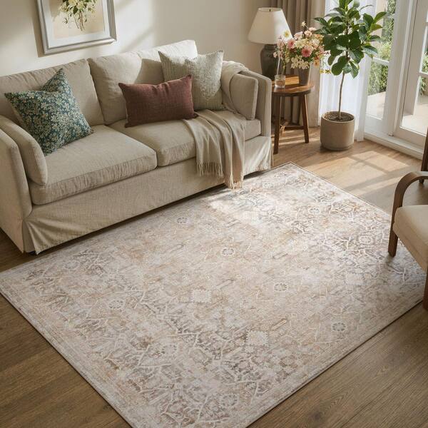 5 ft. x 7 ft. Khaki Vintage Floral Tribal Washable Non Slip Ultra-Thin Soft Area Rug