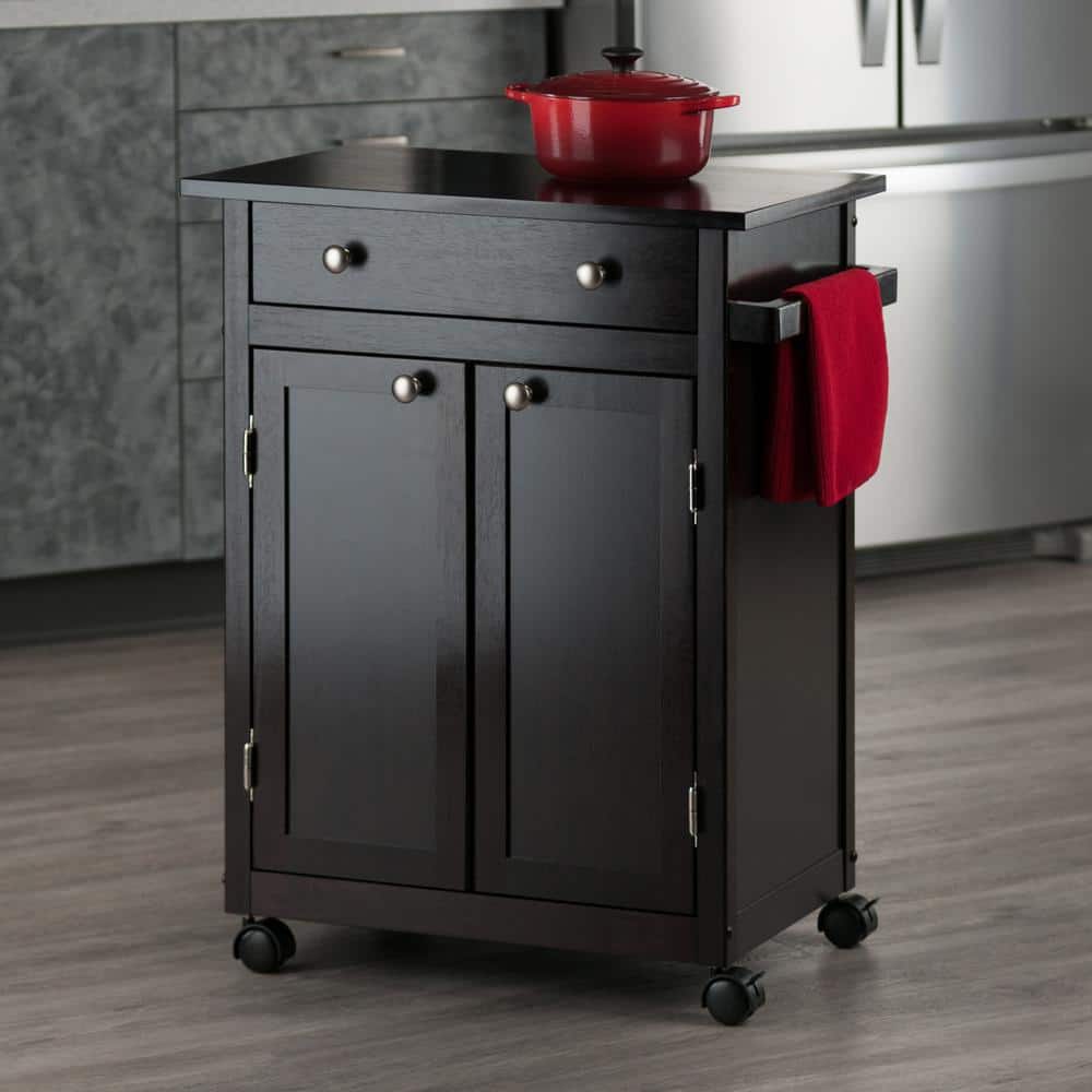 Transitional Espresso Wood Kitchen Cart with Storage and Towel Bar