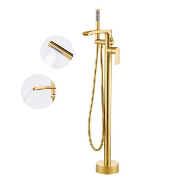 Single-Handle Freestanding Floor Mount Tub Faucet Bathtub Filler with Hand Shower in Gold