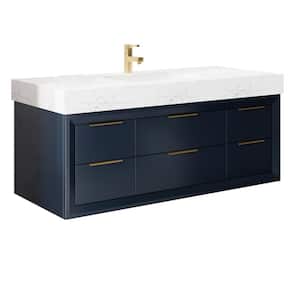 MarbleLux 48 in. W x 20.8 in. D x 21.2 in. H Floating Bathroom Vanity with 1-Sink in Blue with White Marble Top