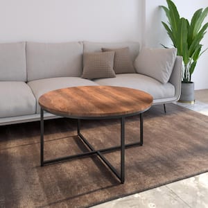 35 in.Brown Round Wooden Top Coffee Table with Metal Frame