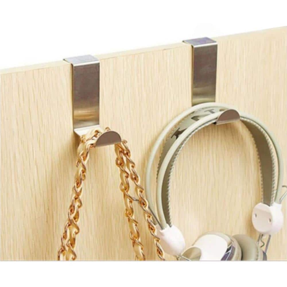 Silver Stainless Steel Over Cabinet Door Hooks Set of 2