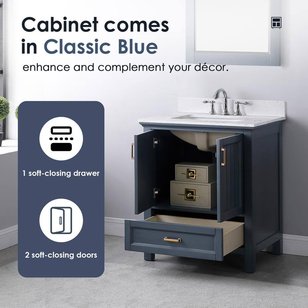 Isla 30" Classic Blue Single Vanity with White Marble Countertop