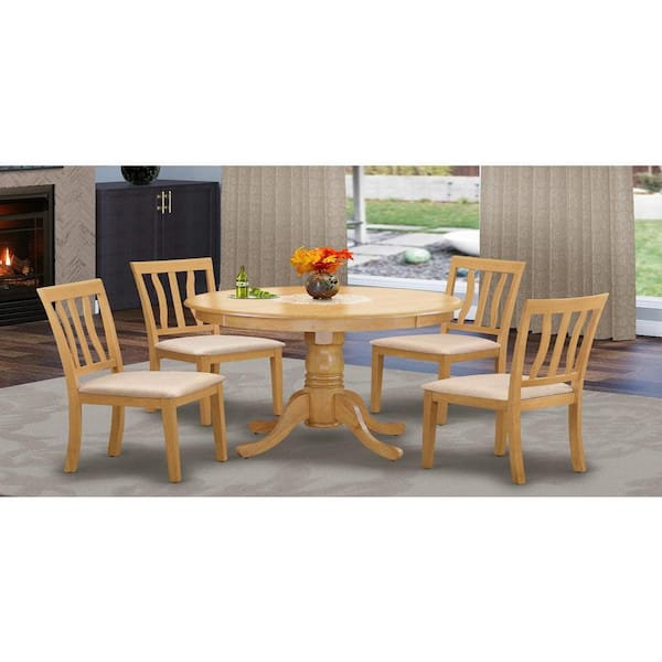 East West Furniture 5-Piece Round Natural Oak Finish Solid Wood Top Dining table with 4 Chairs with Lattice Back