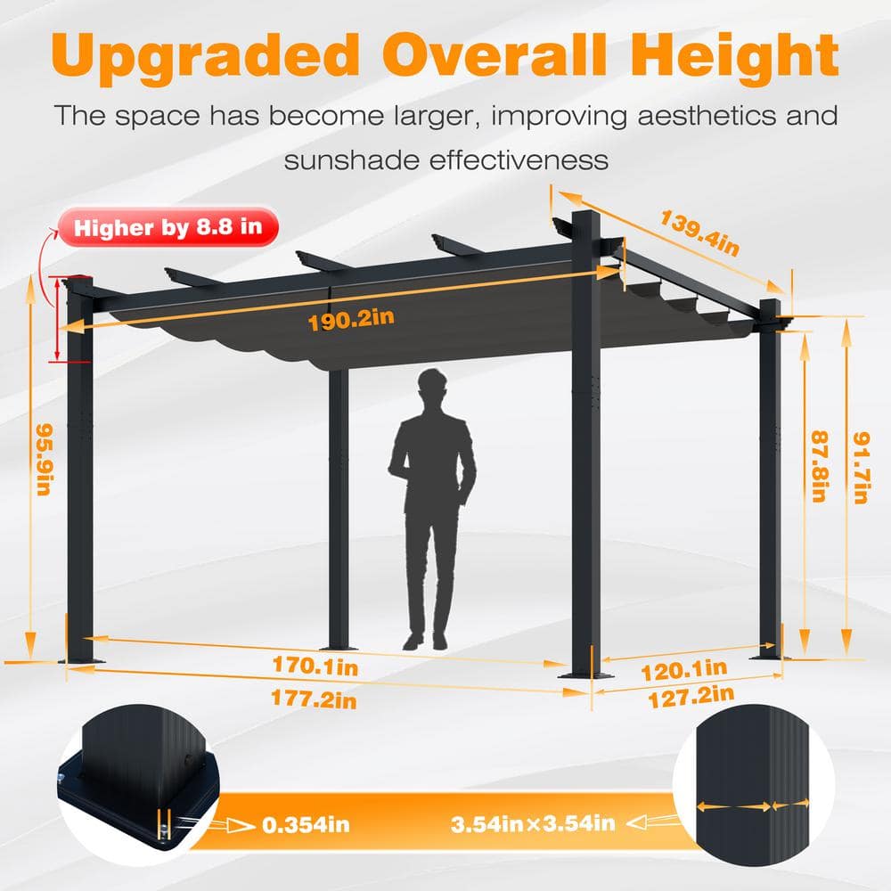 Gray Aluminum 12' x 16' Pergola with Retractable Canopy