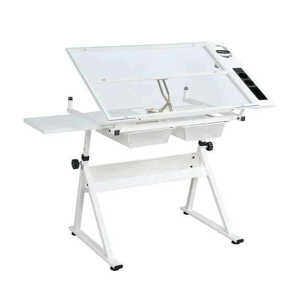 38.5 in. Rectangular White Tempered Glass Adjustable Drafting Table Drawing Desk with 2-Drawer and Chair