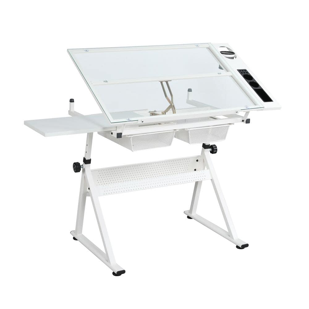 38.5 in. Rectangular White Tempered Glass Adjustable Drafting Table ...