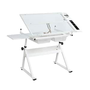 38.5 in. Rectangular White Tempered Glass Adjustable Drafting Table Drawing Desk with 2-Drawer and Chair