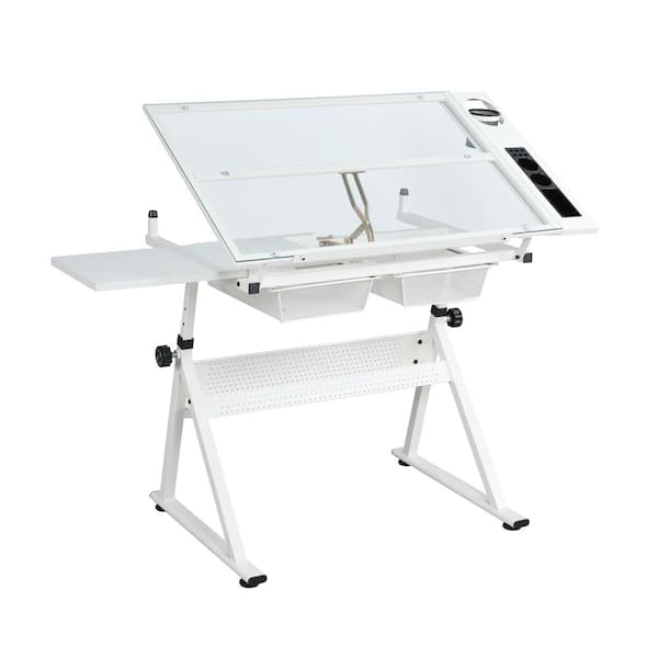 Unbranded 38.5 in. Rectangular White Tempered Glass Adjustable Drafting Table Drawing Desk with 2-Drawer and Chair