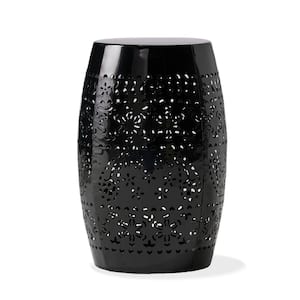 Black 12 in. Iron All-Weather Outdoor Side Table, Barrel Shape Lace Cut End Table for Garden, Patio, Backyard