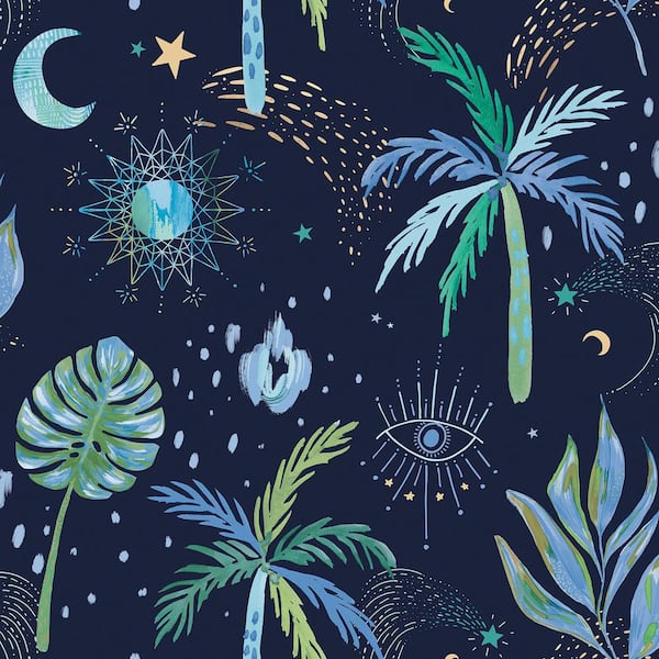 RoomMates EttaVee Blue Nuit Tropicale Matte Vinyl Peel and Stick Wallpaper 30.75 sq. ft.