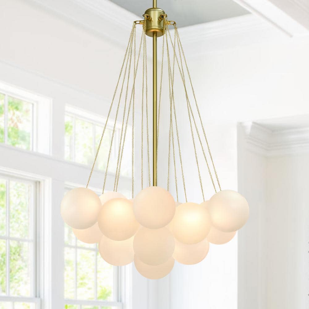 HUOKU Alma 16 in. W 3-Light Cluster Globe Bubble Gold Chandelier