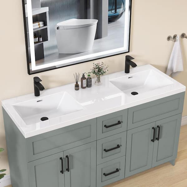 60 in. W x 22 in D Solid Surface Rectangular Double Sink Vanity Top in White with Single Faucet Hole,Pre-Mark 4 and 8 in