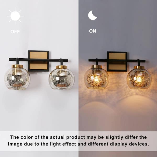 15 in. 2-Light Transitional Brass Vanity Light, Black Bathroom Light Fixtures, Modern Vanity Lighting with Mercury Glass