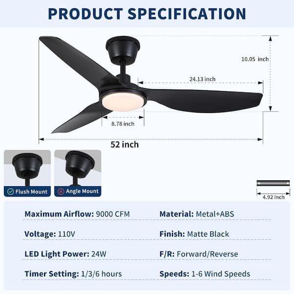 Jushua 52 in. Black Modern Waterproof Quiet DC Motor Downrod Mount
