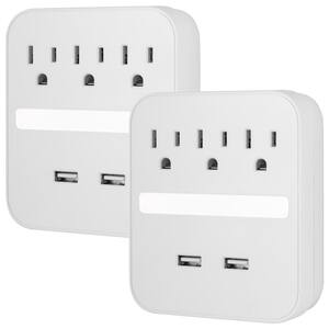 3-Outlet 440J Surge Protector Outlet Extender with USB Hub and Night Light, White, (2-Pack)