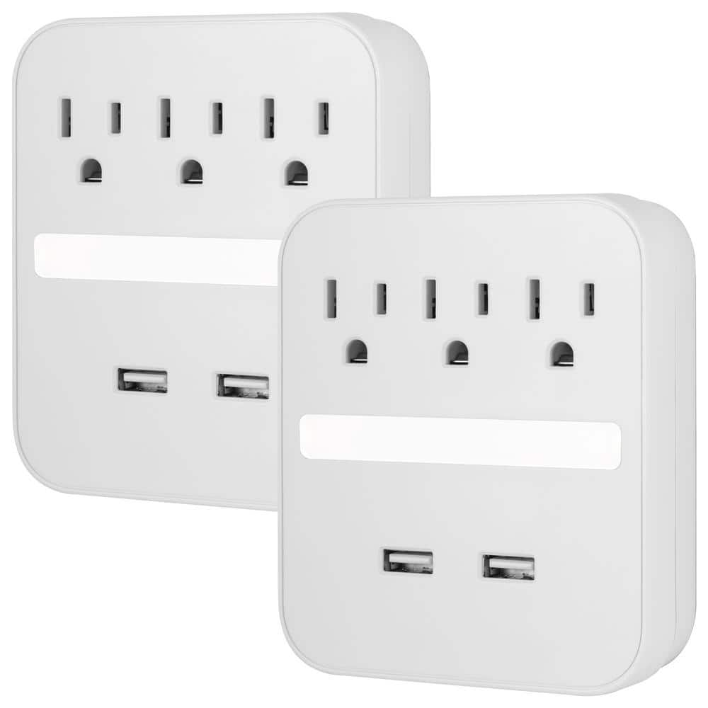 3-Outlet 440J Surge Protector Outlet Extender with USB Hub and Night Light, White, (2-Pack) -  50049