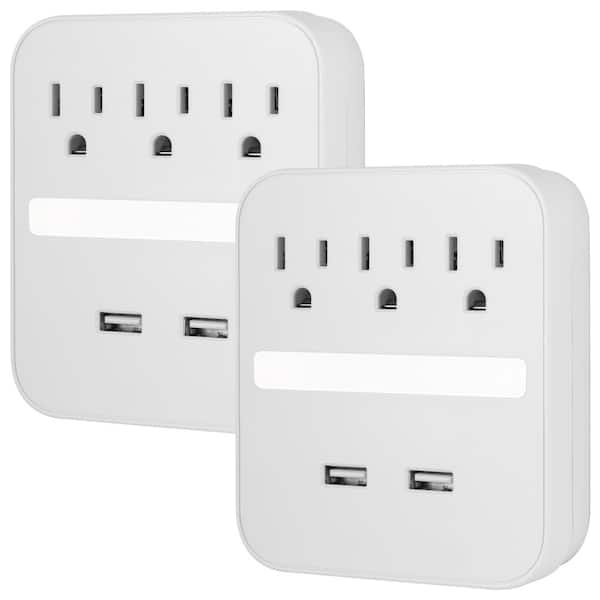 GE 3-Outlet 440J Surge Protector Outlet Extender with USB Hub and Night Light, White, (2-Pack)