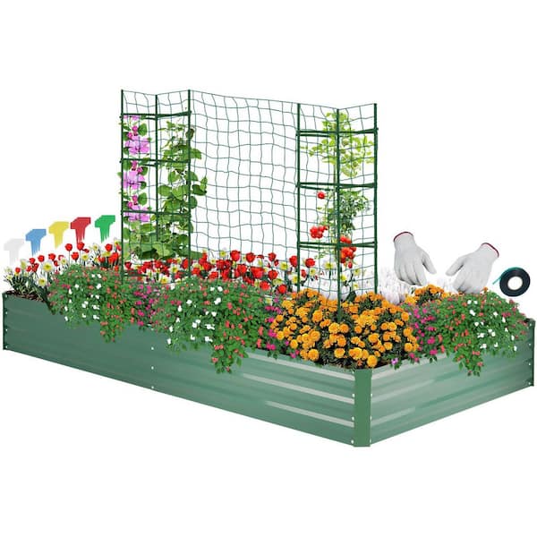 8 ft. x 4 ft. x 1 ft. Metal Raised Garden Bed, Metal Raised Garden Bed Kit with 2 PCS Tomato Cage, Green