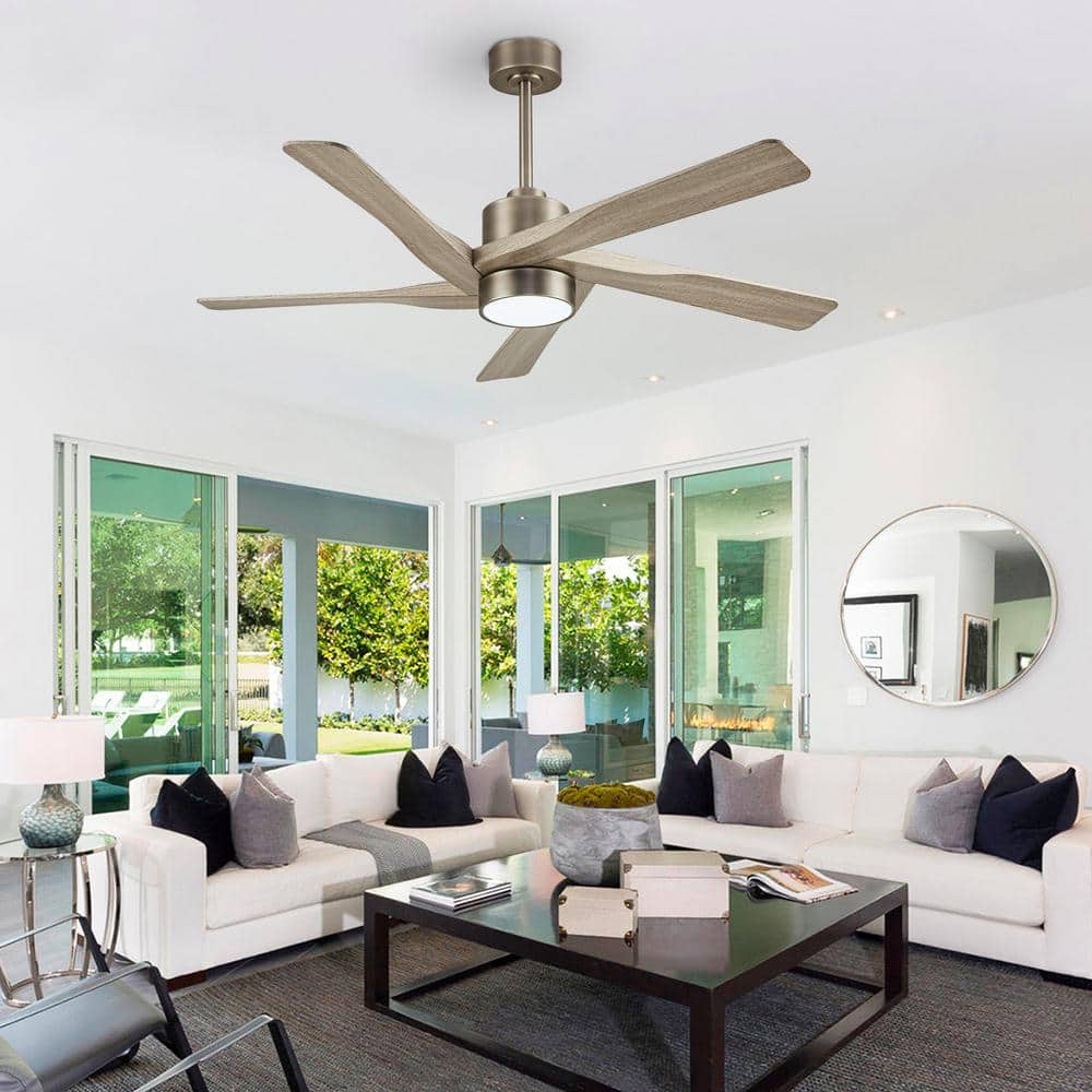 54" Brushed Nickel and Wood Grain Ceiling Fan with LED Light and Remote