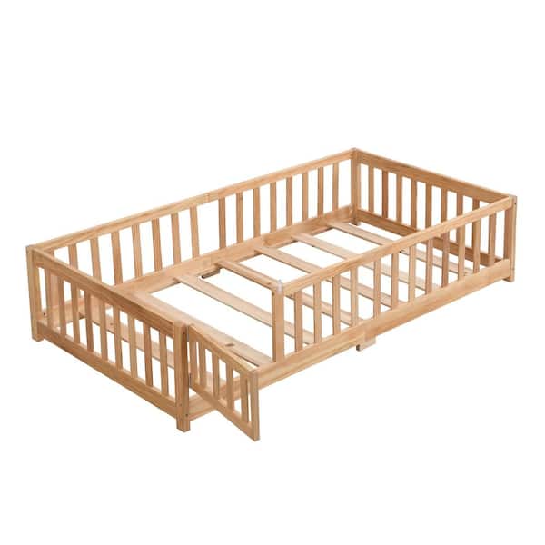 Natural Queen Solid Wood Platform Bed Frame with Fence and Door