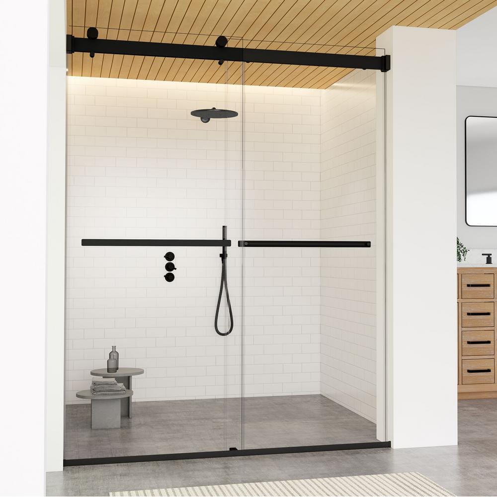 Matte Black Frameless Clear Glass Bypass Shower Door, 60" W x 76" H
