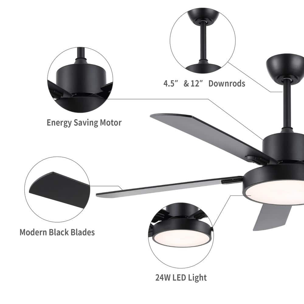 Modern Black 52-Inch LED Ceiling Fan with Remote and Light Kit