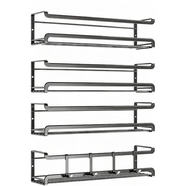 4-Pack Black Wall Mounted Spice Rack, Space-Saving Spice Organizer, Screw or Adhesive Hanging Spice Rack Organizer