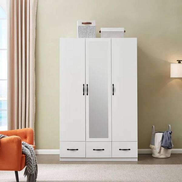 stufurhome White Wooden 74 in. H x 47 in.W x 20.3 in.D Bedroom Armoire Wardrobe Closet with 3-Drawers and 3-Doors