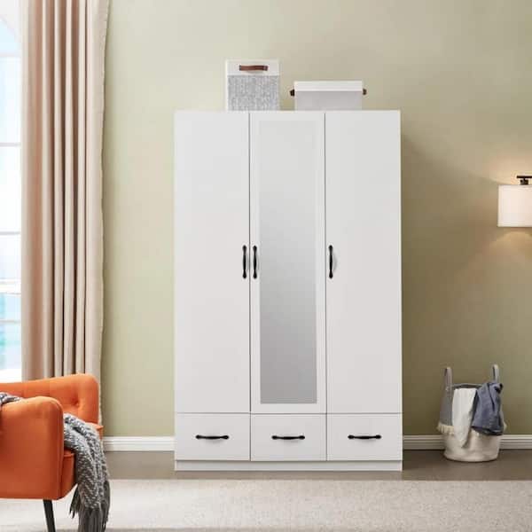 Keloyid White Wooden 74 in. H x 47 in.W x 20.3 in.D Bedroom Armoire Wardrobe Closet with 3-Drawers and 3-Doors