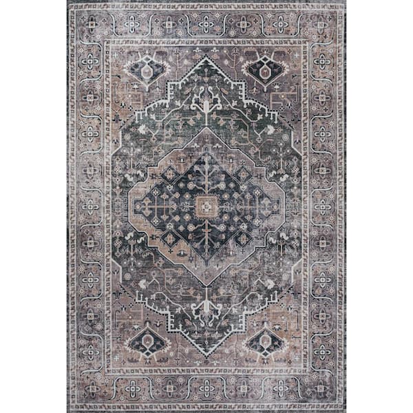 Alacati Ogee Medallion Machine-Washable Dark Green/Dark Beige 8 ft. x 10 ft. Area Rug