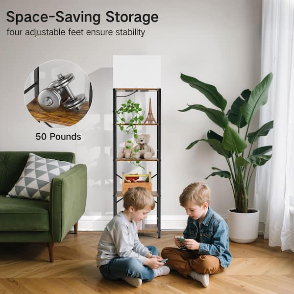 59.5 in. Smart Brown Dimmable LED Column Bookshelf Floor Lamp with Fabric Shade and Remote Included