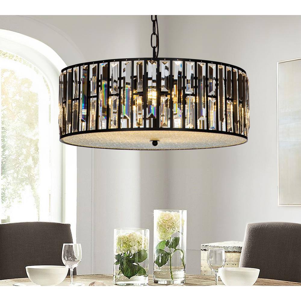 6-Light Black Drum Chandelier with Crystal Accents