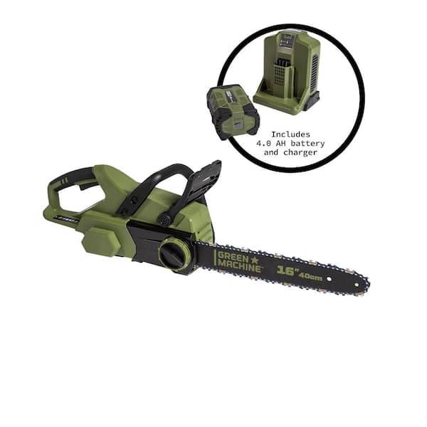 Green Machine 62V Brushless 16 in. Battery Chainsaw Auto-tensioning system, easy trigger start with 4 Ah Battery and Charger