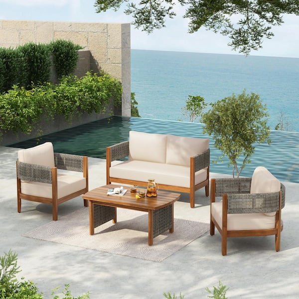 Tina 4-Piece Rope Weave and Solid Wood Outdoor Patio Conversation Set with Beige Cushions, Curved Back, Teak Finish