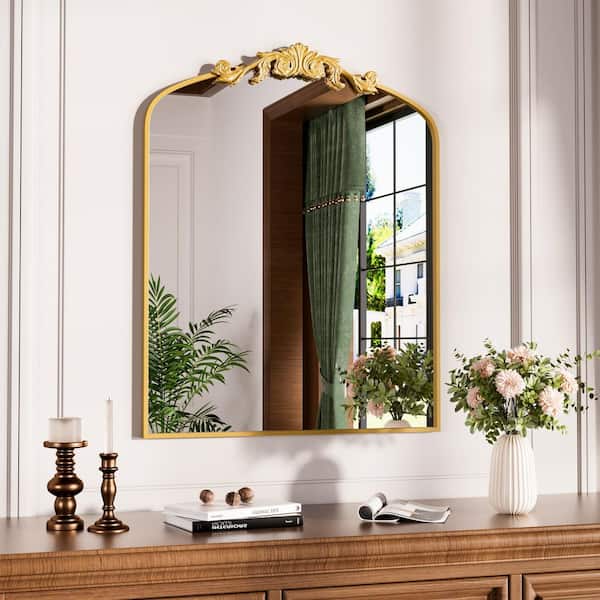 Antique Cooper 36 in W x 30 in. H Vintage Arched Aluminum Framed Mirror with Carved Pattern Top for Hanging or Leaning