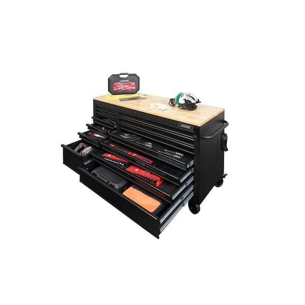 Husky - Tool Storage 62 in. W Heavy Duty Matte Black Mobile Workbench Cabinet with Adjustable Height Wood Top