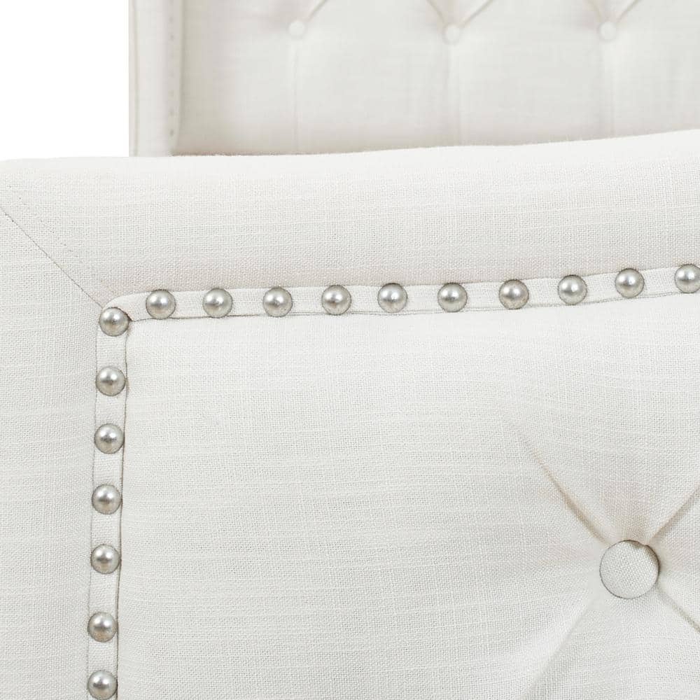 Antique White King Upholstered Bed with Tufted Headboard and Nailhead Trim