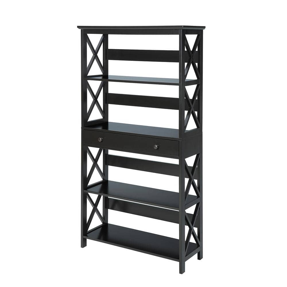 Modern Oxford Black Wood 5-Tier Bookcase with Concealed Drawer