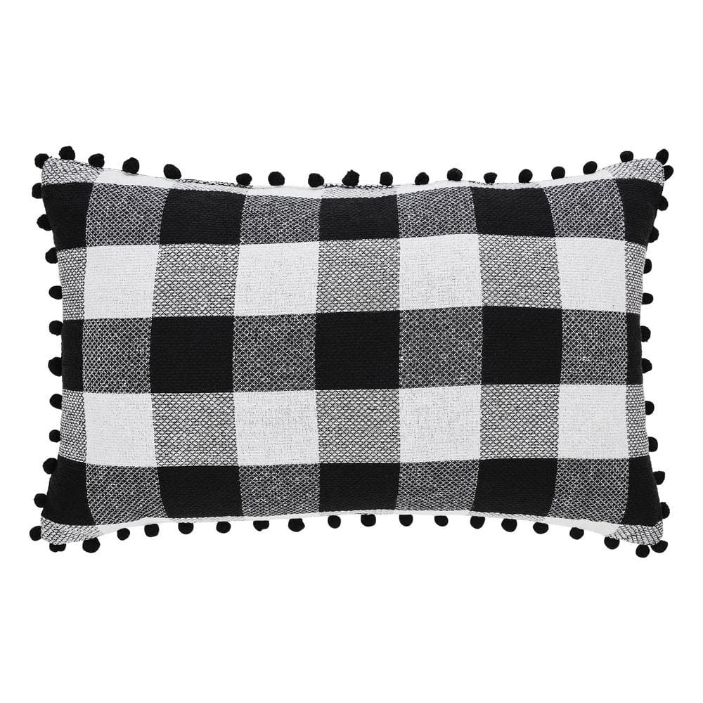 Annie Black Check Santa Sleigh Pillow with Pom Pom Border